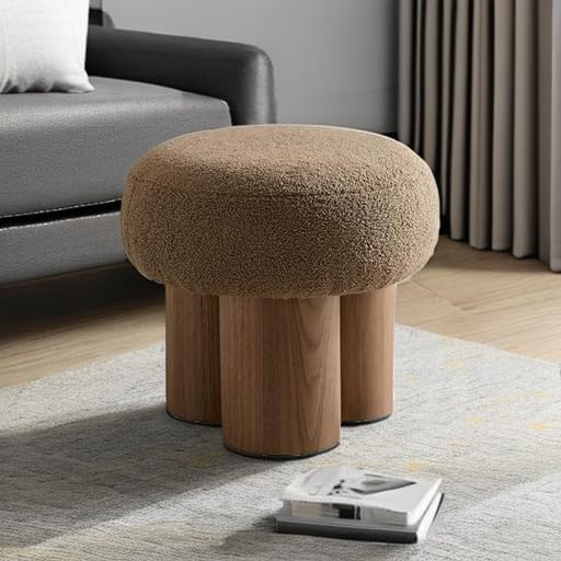 MEETAKING Small Round Foot Stool, Teddy Fabric Footrest Ottoman Stool with Non-Skid Legs, Modern Footstools Step for Couch, Desk, Office, Living Room (Brown)