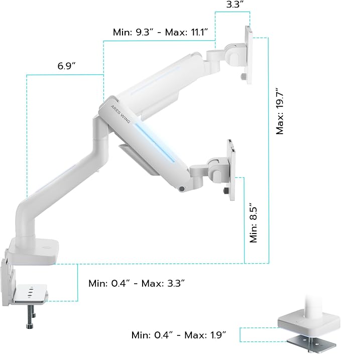 Ultrawide Monitor arm for 17-49'' Heavy Duty Screen up to 44lbs, Gas Spring Single Monitor Arm with RGB Light, Adjustable Gaming Computer Monitor Arm for Desk, White