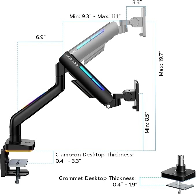 Ultrawide Monitor arm for 17-49'' Heavy Duty Screen up to 44lbs, Gas Spring Single Monitor Arm with RGB Light, Adjustable Gaming Computer Monitor Arm for Desk, Black