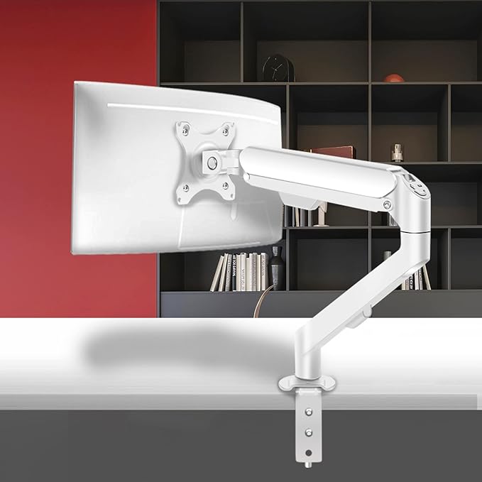 White Single Monitor Arm Mount 17 to 34 inch Articulating Gas Spring Arm 4.4 to 19.8lbs Adjustable Vesa 100 * 100mm Desk Stand with Clamp and Grommet LCD Computer Brachet M5W