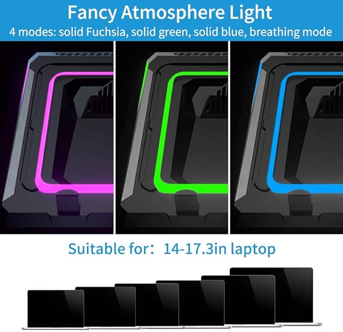 AFMAT Gaming Laptop Cooling Pad, 4500RPM Laptop Cooling Pad with Turbo-Fans, USB Ports, Colorful Lights - CPU Temperature Drops 20-30 ℃ Within Seconds - for 14-17.3 inch Laptops