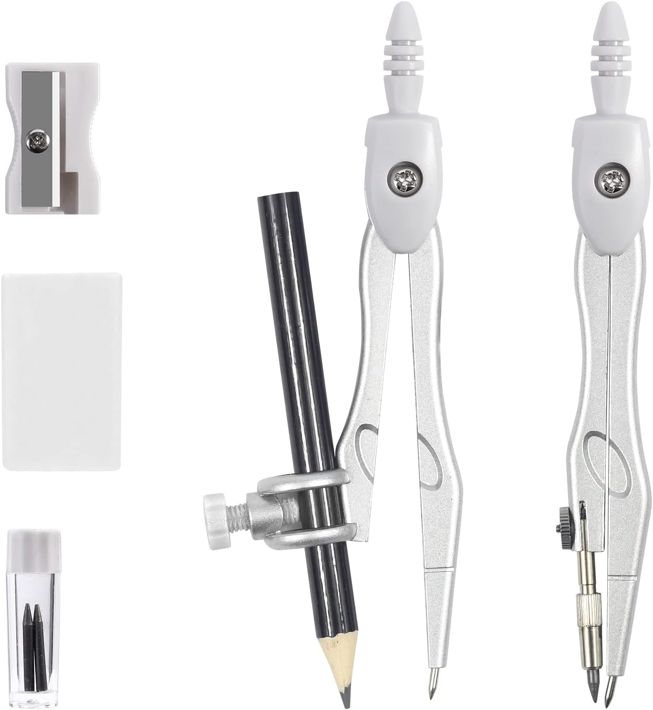 Math Geometry Sets 10 Piece Student Supplies with Shatterproof Storage Box,Includes Rulers,Protractor,Compass,Eraser,Pencil Sharpener,Lead Refills,Pencil,for Drafting and Drawings(Grey)