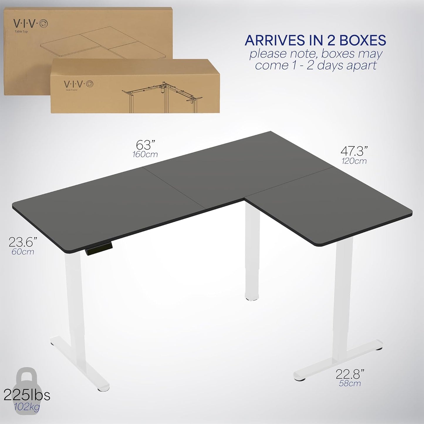VIVO Electric Corner L-Shaped 63 x 47 in Standing Desk, Memory Height Adjustment, Black Top White Frame, DESK-E3CTWB-47