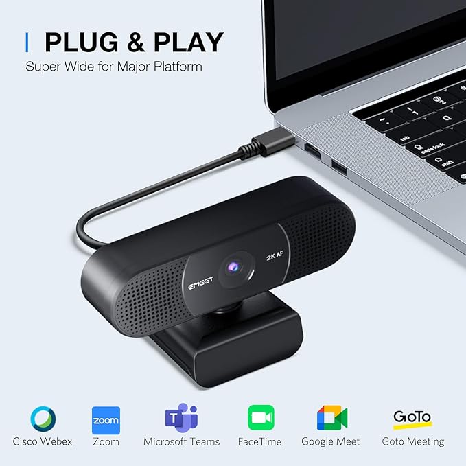 EMEET C960 2K Webcam with Microphone, 2K QHD, 2 Noise-Reduction Mics, TOF Autofocus Streaming Webcam with Privacy Cover, Plug&Play USB Webcam for Calls/Conference, Zoom/Skype/YouTube, Laptop/Desktop