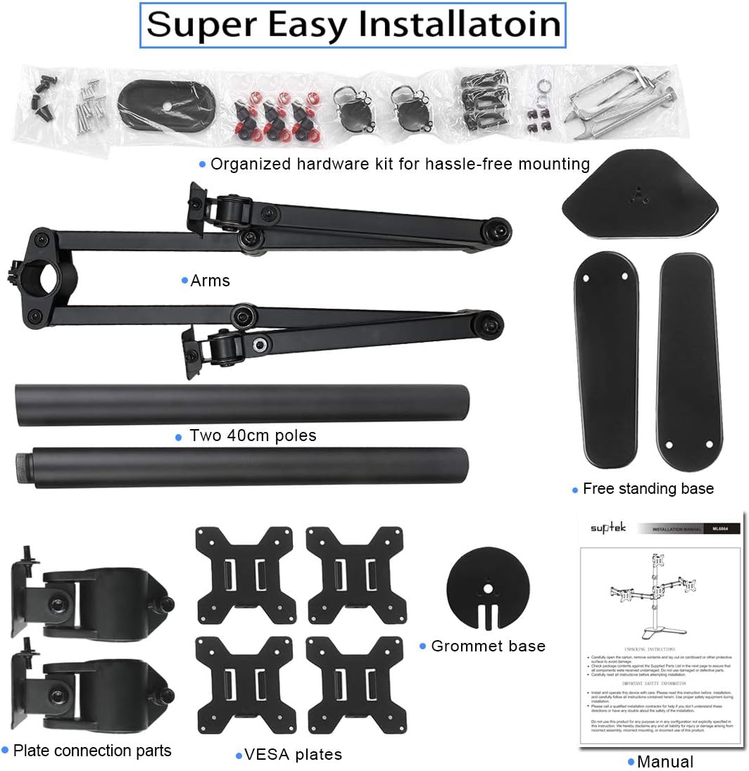 Suptek Quad LED LCD Monitor Stand up Free-Standing Desk Stand Extra Tall 31.5" Pole Heavy Duty Fully Adjustable Mount for 4 (3+1) / Four Screens up to 27 inch (ML6864)