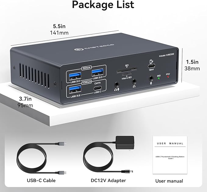 TJCXELE Displaylink Docking Station 4K@60Hz 3 Monitors USB C Dock for MacBook M1 M2 M3 M4,19-in-1 Thunderbolt Dock with 2 HDMI & 2 DisplayPort,PD 100W/USB 3.2 10G USB/Ethernet/Card Readers/Audio