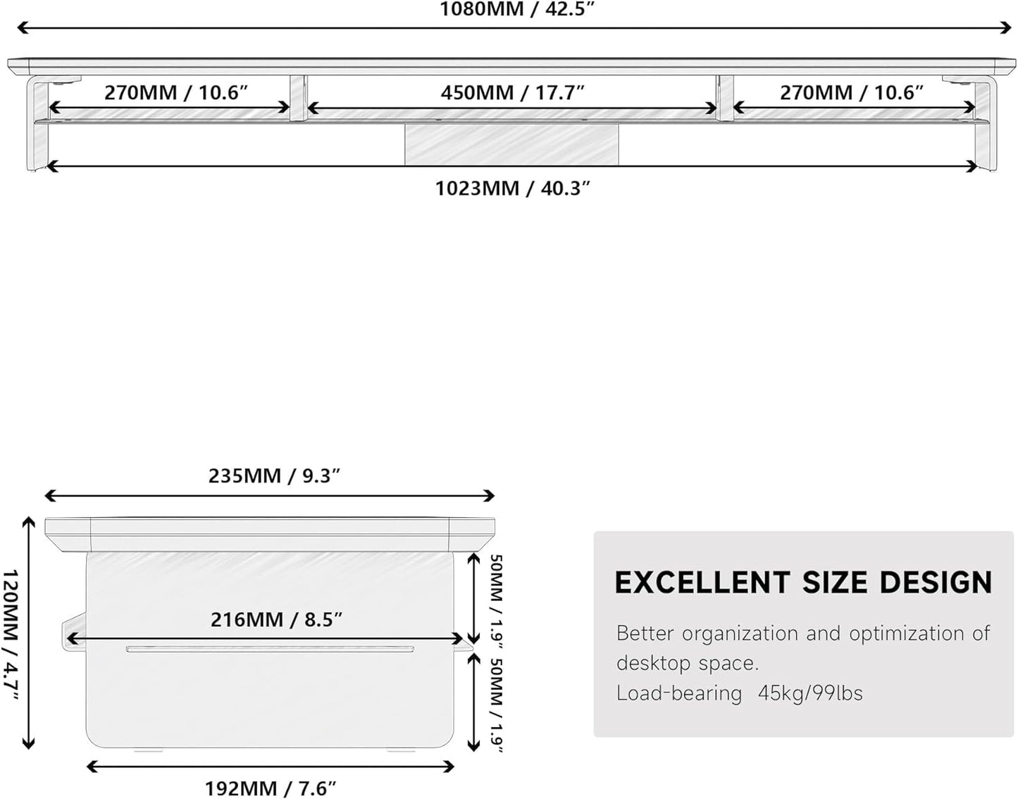 Fenge Acrylic Monitor Stand Riser, 42.5 Inches Dual Monitor Stand with Metal Storage, 2 Tier Acrylic Computer Riser for Desk, Clear Laptop Stand for PC, Laptop, Printer, TV, White