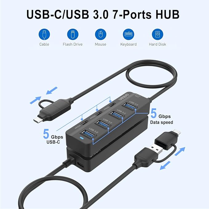USB C Hub,7 Ports USB3.0 to USB-C HUB with a USB C to USB 3.0 Adapter. 3.2ft Cable 4*USB3.0 Ports,3*USB C Ports forThunderbolt 3/4 MacBook Surface Pro and More USB/USB C Devices