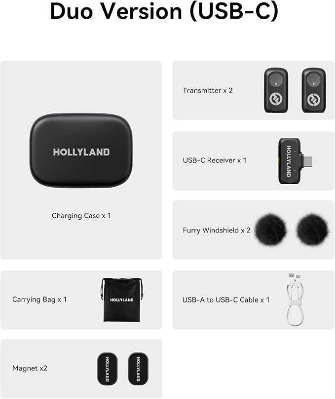 Hollyland LARK A1 Wireless Microphone for iPhone 15/16 & Android, 48kHz/24-bit, 3-Level Intelligent Noise Cancel, Mini Microphone for YouTube, Podcast, Vlogging (Black, 2TX + USB-C RX + Charging Case)