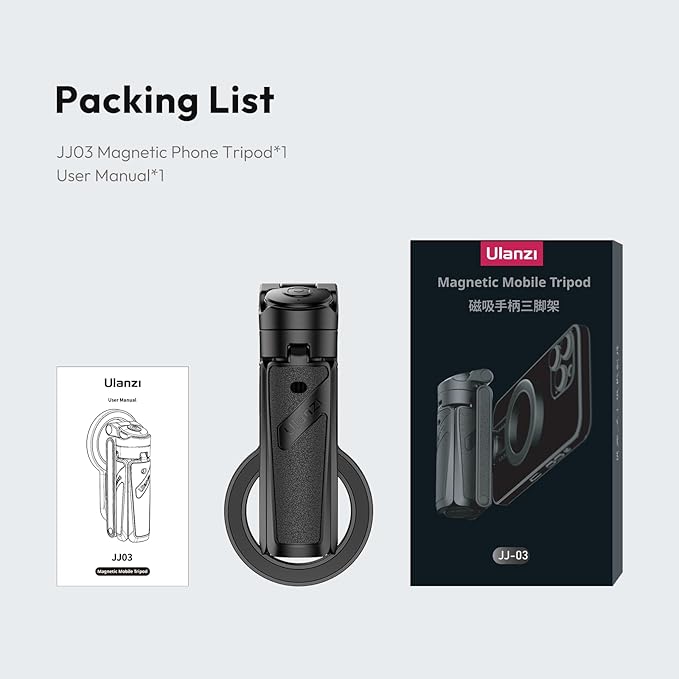 ULANZI JJ03 Magnetic Tripod for Phone with Remote Control, 3-in-1 Selfie Stick Handle Grip 360° Rotation Extendable Stand for iPhone Android Phones