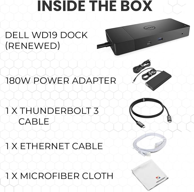 Dell WD19 Docking Station Bundle with USB-C and Dual Monitor Support - Full Package w/Dell WD19 Universal Dock, 180W Power Adapter, Thunderbolt 3 & Ethernet Cable, Cleaning Cloth (Renewed)