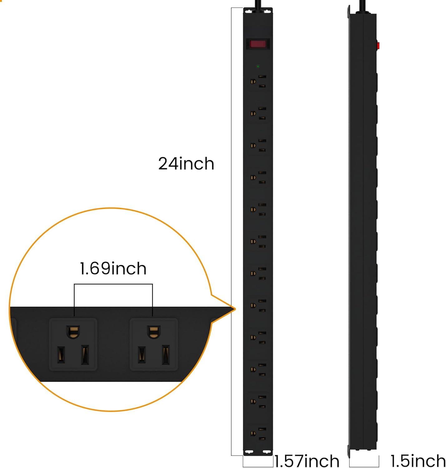 12 Outlet Long Power Strip Surge Protector with 2100 Joules, 3FT Power Cord, Wide Spaced Outlet Power Bar, Overload Protection Switch, Industrial Heavy Duty for Work Bench, Shop, Garage (Black)