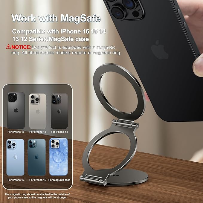 Dual Magnetic Ring Phone Holder for MagSafe, 1/4" Screw Hole Tripod Mount, Attach Your Phone to Iron Object, Adjustable Gym Phone Stand for iPhone 16/15/14/13 Pro Max & All Phones