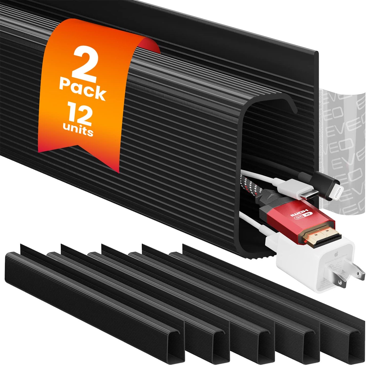 EVEO Cable Management Under Desk Kit (6 Units) - Under Desk Cable Management Cord Hider, Cable Hider Cord Management, Cable Organizer, Cord Organizer Tray | Self-Adhesive 96'' J Channel 6X16 - Black