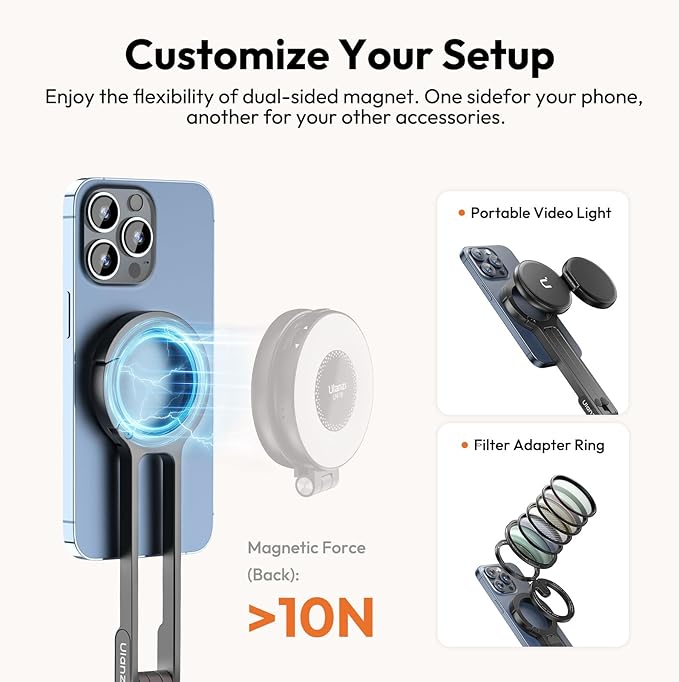 ULANZI MA30 Magnetic Phone Tripod Stand for iPhone - Aluminium Maglock Smartphone Mini Tripod Pocket Cell Phone Stand Strong Magnet Quick Mount Compatible with iPhone 16 15 14 13 12 Series, Dark Gray