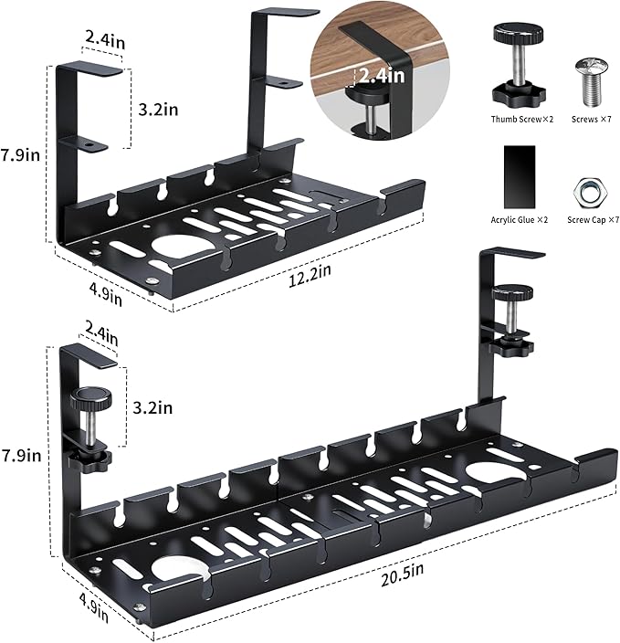 2 Pack Adjustable No Drilling Extendable Under Desk Cable Management Tray with Clamp Mount Heavy Duty Ventilated Design Under Desk Cable Management Tray for Office Home Desktop Wire Organization