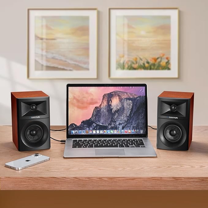 SW203 4.0 Computer Speakers - 60W 4-Way DSP Control 3D Immersive Sound - 3" Carbon Fiber Woofer & 20mm Silk Dome Tweeter - 24bit DAC USB/Bluetooth 5.4/AUX - Studio-Grade Audio (Pair, Red)