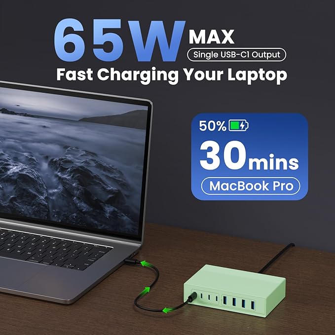 200W USB C Charger Block, 8-in-1 GaN III USB C Charger Fast Charging Station Hub, PD 65W Laptop Charger Adapter Travel Charger, for MacBook Pro/Air/Dell XPS/iPhone 16/15/14/iPad/Galaxy S24 (Green)