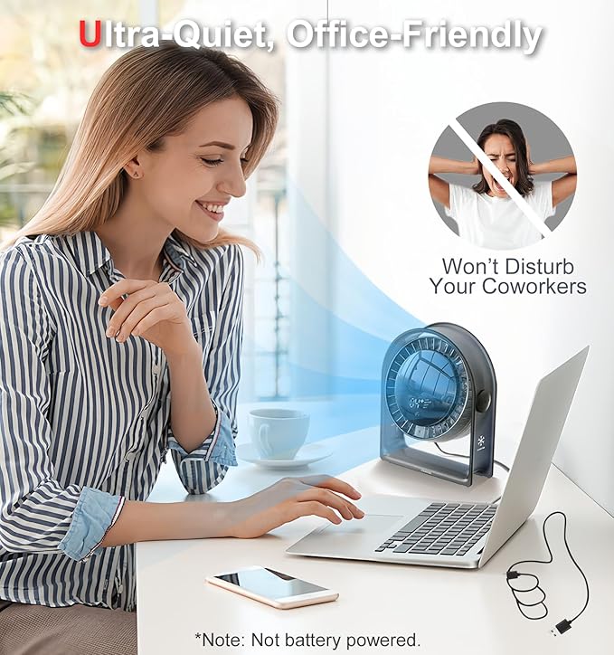 2025 New Desk Fan, Quiet Air Circulator Mini Fan for Bedroom, Portable Smart Display USB Fan, 4 Speeds Strong Airflow, 120°Tilt, Small Desktop Table Fans For Office Bedside Room, Translucent Black