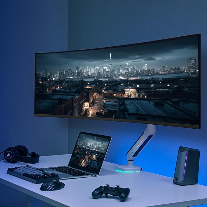 AVLT Single 27”-45” RGB Gaming Monitor Arm Desk Mount Built-in 20 Lighting Modes Touch Button Control Fits Flat/Curved/Ultrawide Screens Height Swivel Tilt Rotation Adjustable Stand -White