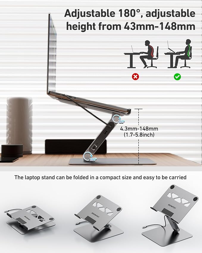 BENFEI Laptop Stand with USB C 6in1 Docking Station, HDMI 4K@60Hz,Gigabit Ethernet, 100W Power Delivery, 10Gbps 1*USB C 3.2 and 2*USB A 3.2 Compatible with MacBook Pro/Air, iPad Pro, XPS, Thinkpad