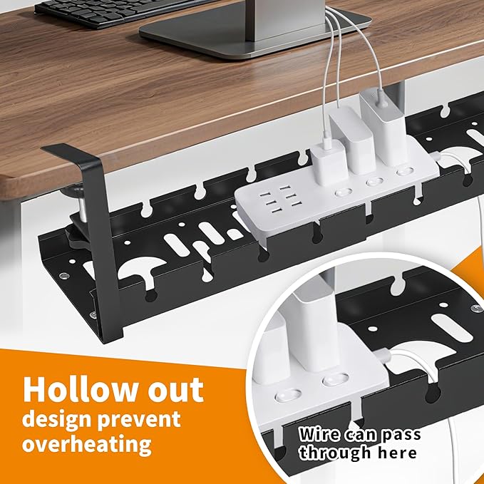 2 Pack Adjustable No Drilling Extendable Under Desk Cable Management Tray with Clamp Mount Heavy Duty Ventilated Design Under Desk Cable Management Tray for Office Home Desktop Wire Organization
