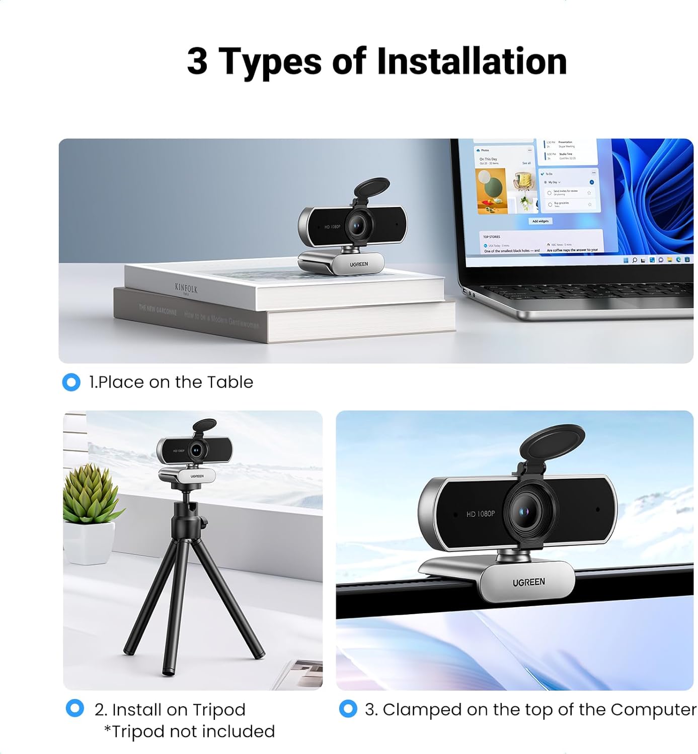 UGREEN Full HD 1080P Webcam with Microphone, 2 Noise-Canceling Mics, 85° Fov & Fixed Focus, Plug and Play, Auto Light Correction, Privacy Cover PC Camera for Zoom/Skype/Teams, Switch 2, Silver Gray