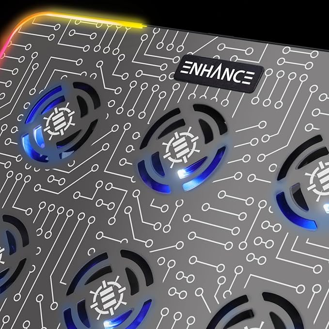 ENHANCE Gaming Voltaic 2 Laptop Cooling Stand - Laptop Cooling Pad with 6 Blue LED Fans, 7 Height Settings, RGB Lighting - Metal Top Cooler Pad with Phone Stand, 2 USB Ports for up to 17 inches