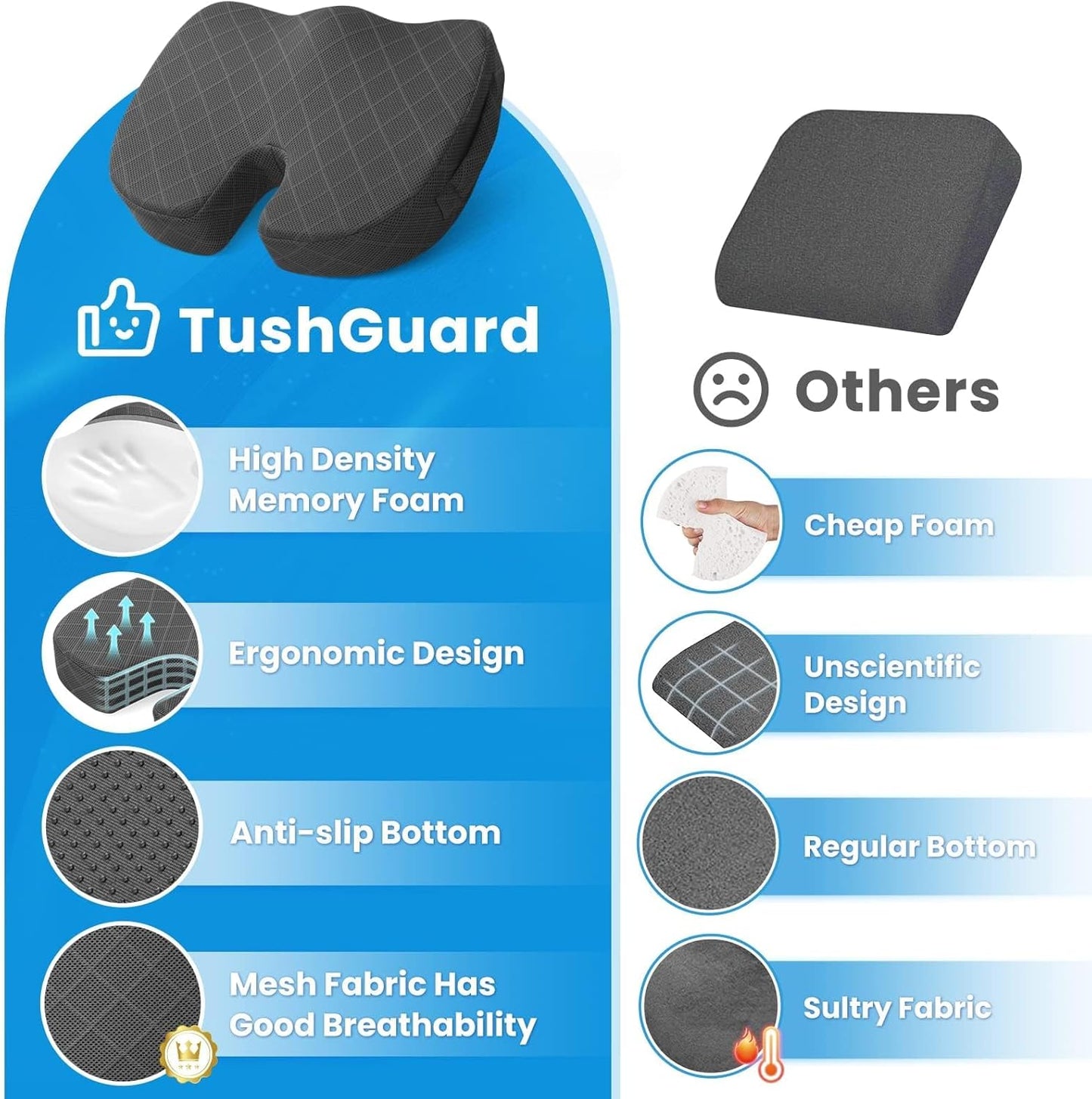 TushGuard Office Chair Cushions with Handles, Back&Seat Cushion, Sciatica & Back Coccyx Tailbone Discomfort Easing Chair Pad, Memory Foam Lumbar Support Pillow for Gaming, Desk, Car (Grey, X-Large)