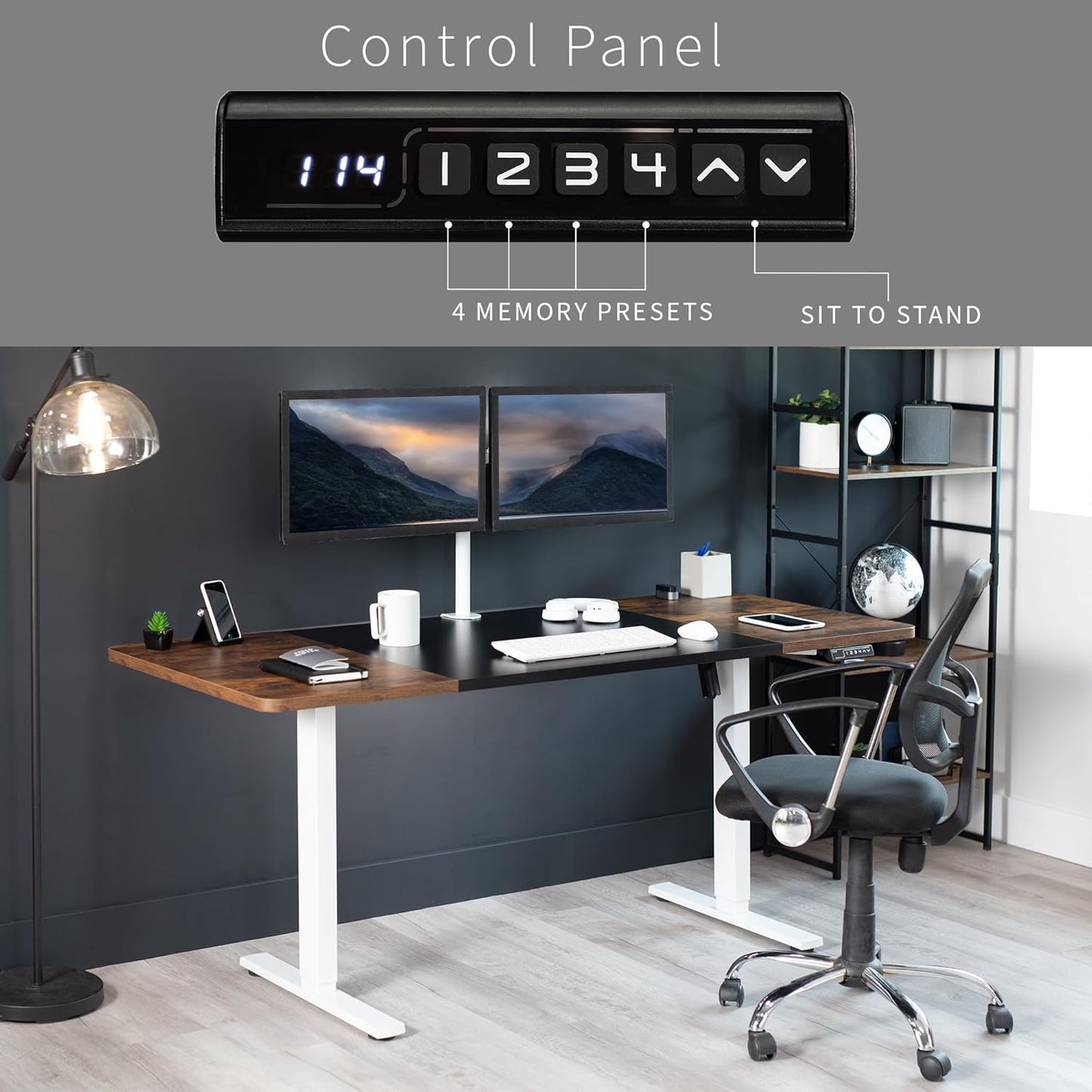 VIVO Electric 71 x 30 in Rustic Standing Desk, Memory Height Adjustment, 1B Series, Black and Vintage Brown Top, White Frame, DESK-KIT-1W7BN