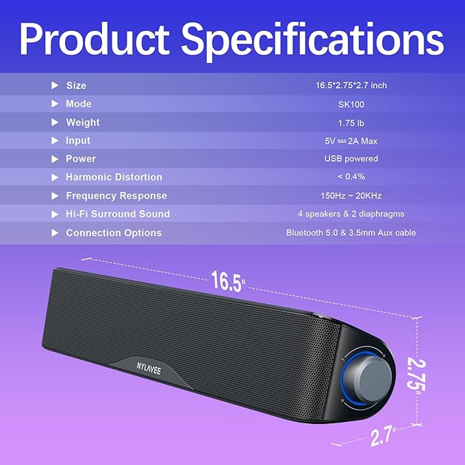 Computer Speakers, HiFi Sound Quality Computer Sound Bar, USB Powered PC Speakers, Bluetooth 5.0 and 3.5mm Aux-in Computer Speakers for Desktop, Laptops, PCs, Phones, Tablets, Xbox, Gaming Speakers