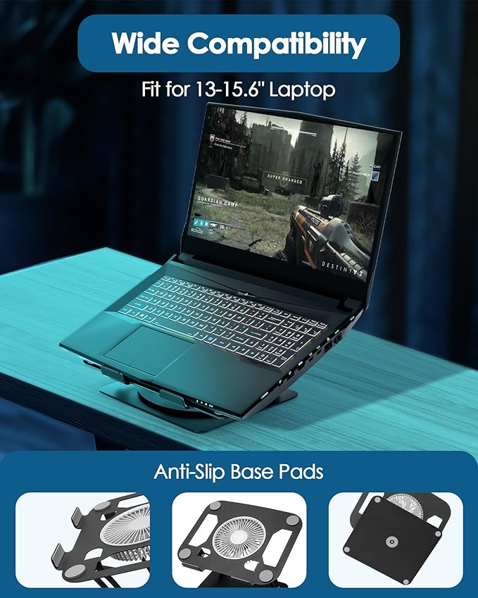 SHUWEI Laptop Cooling Stand with 3 Speed Fan, Adjustable Height & Angle, 360 Rotation Base, Carbon Steel Framework, Ultra-Quiet & Super Sturdy for up to 16”Laptop - Black