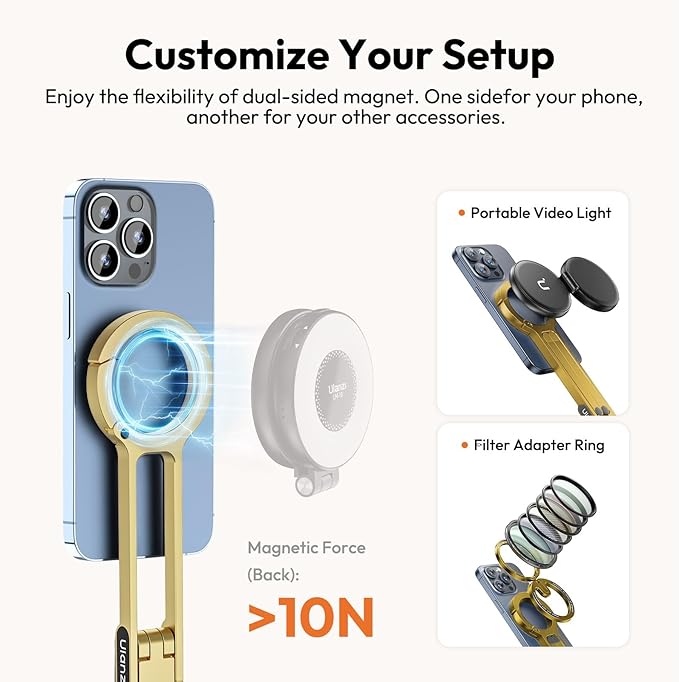 ULANZI MA30 Magnetic Phone Tripod Stand for iPhone - Aluminium Maglock Smartphone Mini Tripod Pocket Cell Phone Stand Strong Magnet Quick Mount Compatible with iPhone 16 15 14 13 12 Series, Gold