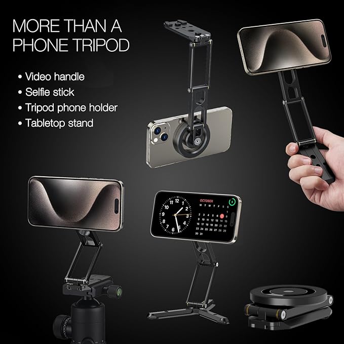 Magnetic Pocket Phone Tripod Foldable Compatible with Magsafe for iPhone 15/14/13/12 Plus Pro Max Series, Mini Cell Phone Tripod Mount Handle Smartphone Desk Stand Travel All in One