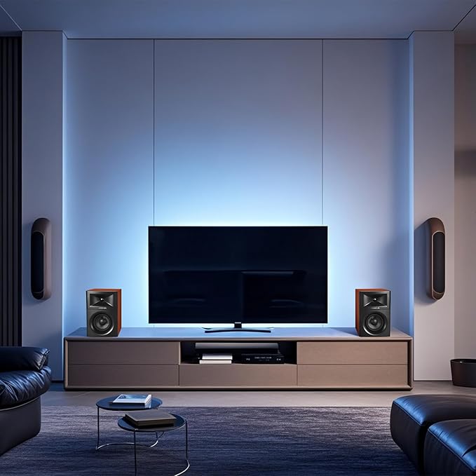 SW205 4" Bookshelf Speakers | Immersive HiFi Audio with Virtual Surround | Flagship DAC/DSP Engine | Geometric Diffusion Cabinet | 80W, Bluetooth 5.4/Optical/AUX Inputs, Wireless Remote, Red