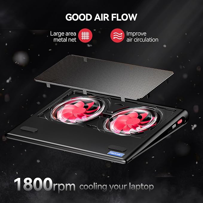 TECKNET Laptop Cooling Pad, 12"-15.6" Laptop Cooler, Gaming Laptop Cooling Stand, Wind Speed Adjustable, 2 USB Powered Laptop Fan Cooling Pad for Laptop Within 16 Inch (Red)