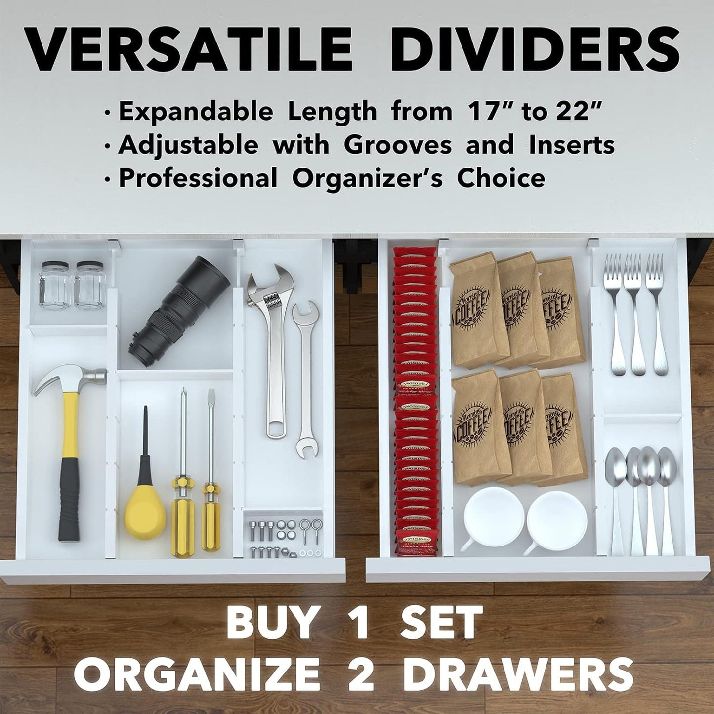 SpaceAid Bamboo Drawer Dividers with Inserts and Labels, Kitchen Adjustable Drawer Organizers, Expandable Organization for Home, Office, Dressers, 4 Dividers with 9 Inserts (17"-22" White)