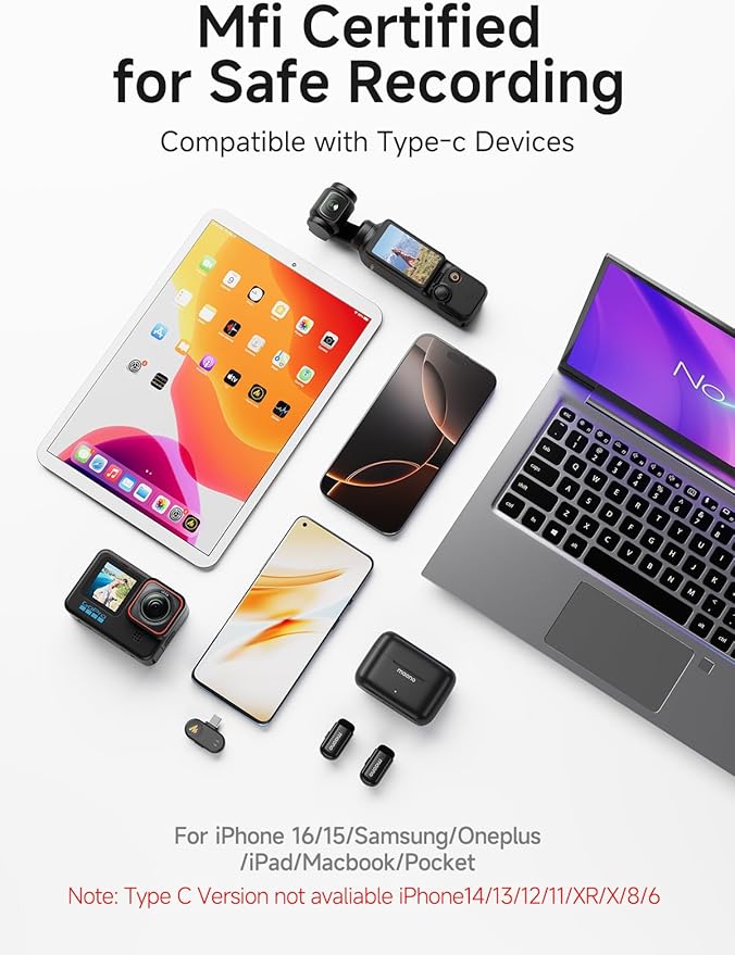 MAONO Wave T1 Mini Wireless Lavalier Microphone for iPhone 16 15 Android Tablet PC with USB-C Plug, Noise Cancellation, AI Voice Filter, 30H Used with Charging Case for Video Recording TikTok YouTube