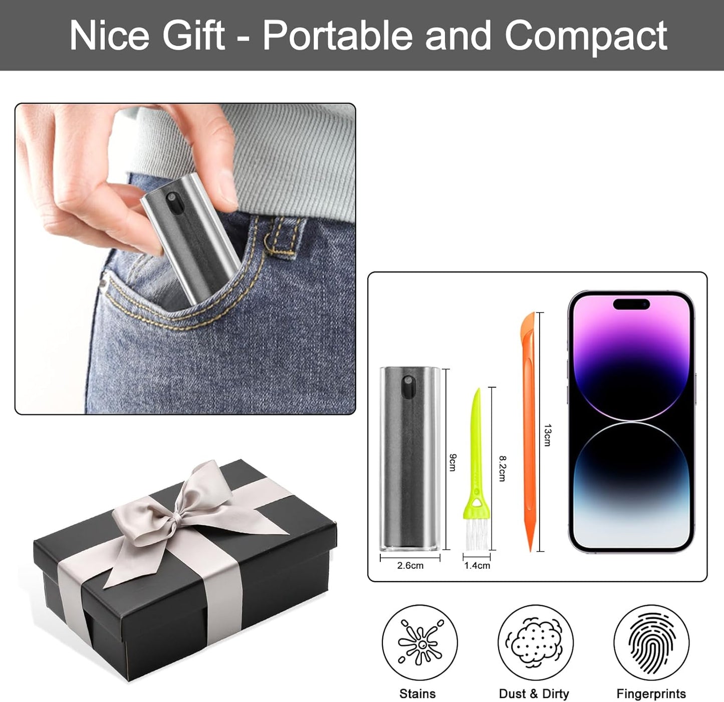 walrfid 2 Pack Car Screen Cleaner, Computer Screen Cleaner Spray and Wipe, Laptop Cleaning Mist Kit for Electronic iPad, iPhone, Phone, MacBook, TV, Monitor Display, WF-4pcsPW-BlackGrey