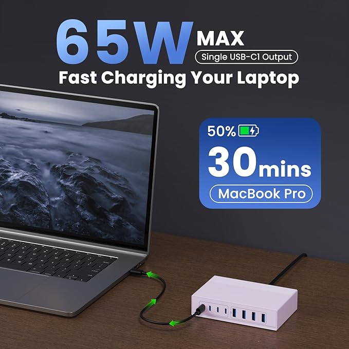 200W USB C Charger Block, 8-in-1 GaN III USB C Charger Fast Charging Station Hub, PD 65W Laptop Charger Adapter Travel Charger, for MacBook Pro/Air/Dell XPS/iPhone 16/15/14/iPad/Galaxy S24 (Purple)