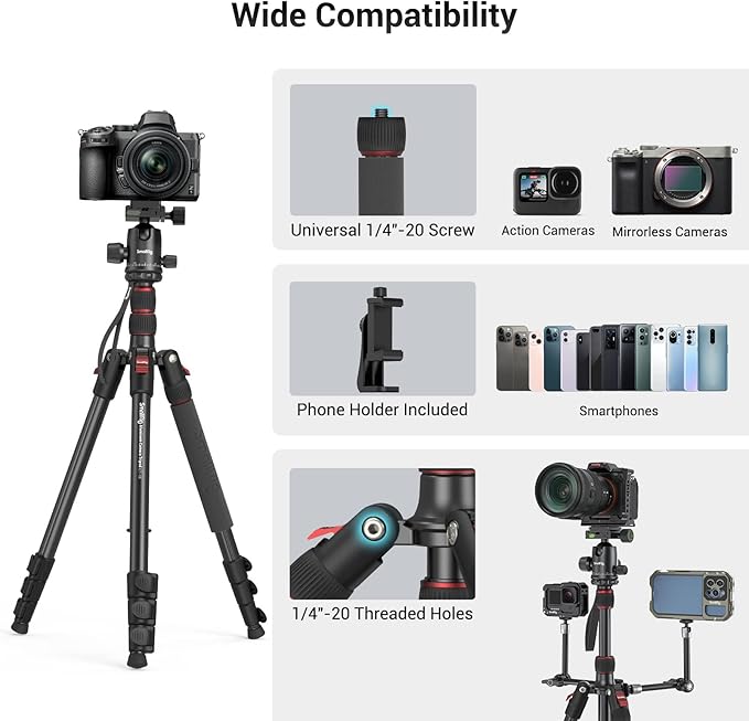 SmallRig Camera Tripod, 71" Foldable Aluminum Tripod/Monopod, 360°Ball Head Detachable, Payload 33lb, Adjustable Height from 16" to 71" for Camera, Phone