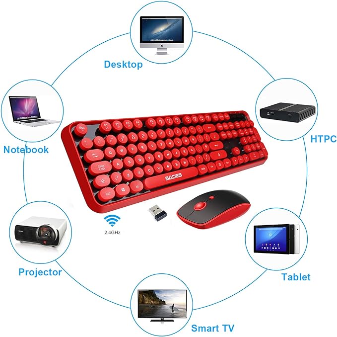 2.4GHz Wireless Typewriter Keyboard with 104 Cute Retro Round Keys, Letton Full Size Wireless Keyboard and Mouse Combo with 3 DPI for Computer Mac PC Laptop-Black/Red