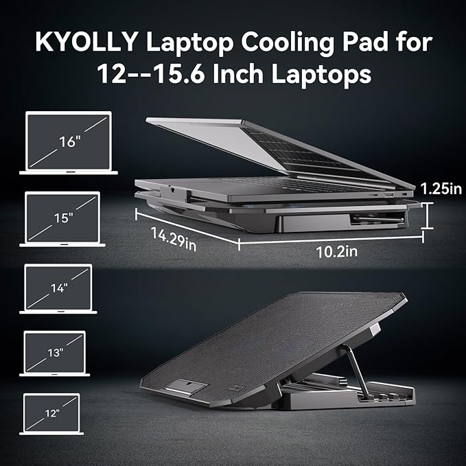 Ultra Slim Laptop Cooling Pad with 2 Quiet Big Fans, 5 Height Adjustable Ergonomic Stand, Portable Cooler for 10-15.6 Inch Laptops, Speed Control and 2 USB Ports