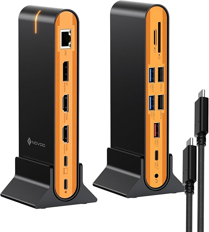 NOVOO 15-in-1 Vertical/Horizontal USB C Docking Station Triple Monitor – 8K@30Hz DP, Dual 4K@60Hz HDMI, 10Gbps USB-A/C, SD/TF, 1Gbps Ethernet,Dual Monitor Adapter Dock for MacBook, Windows Laptops
