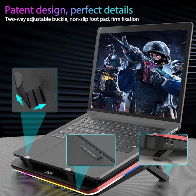 GT500 Powerful Turbo-Fan (5000 RPM) RGB Laptop Cooling Pad with Infinitely Variable Speed,Seal Foam for Rapid Cooling Gaming Laptop,Dust Filter for Protect Laptop,13-17.3inch Laptop Cooler