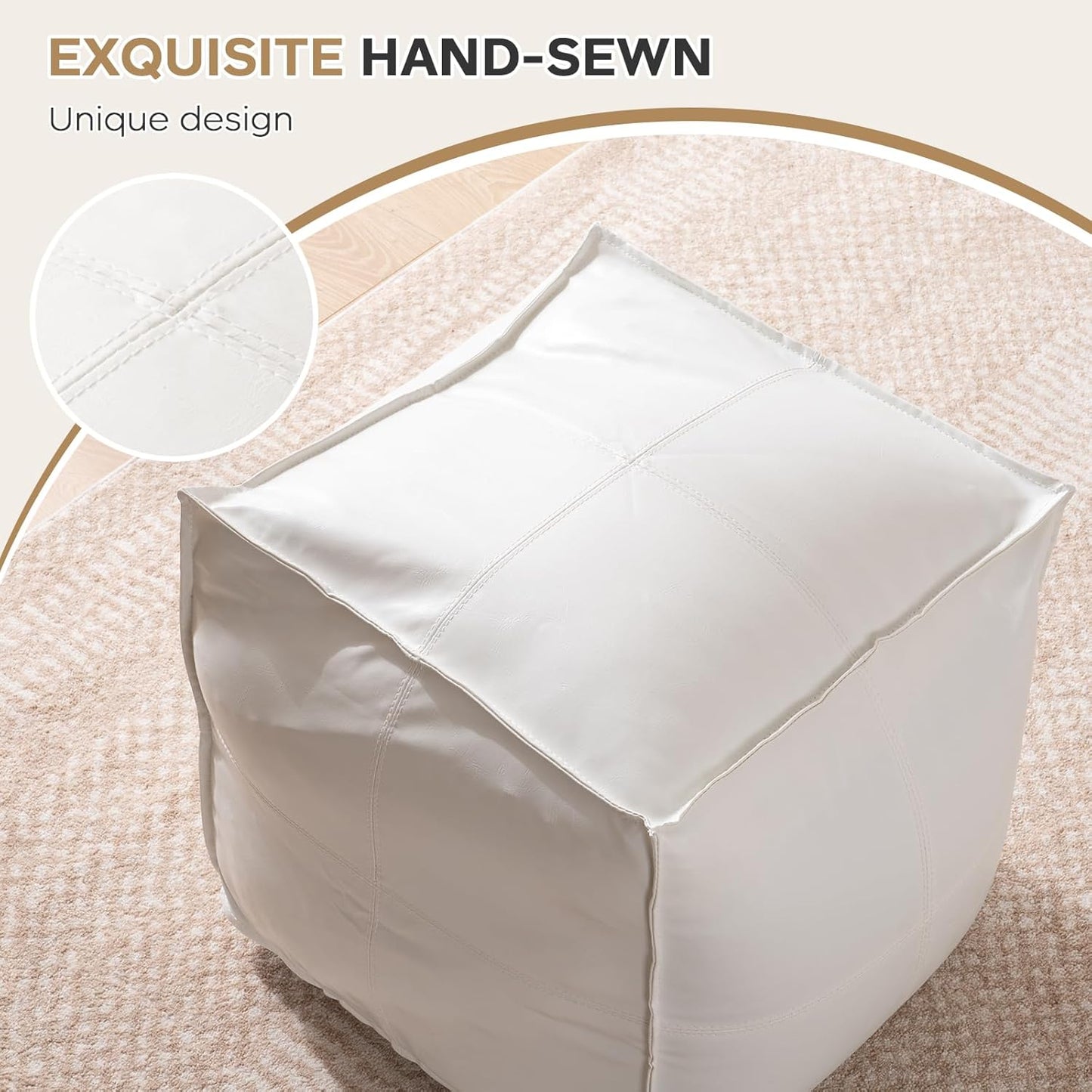 Unstuffed Pouf Ottoman Cover, 17.7x17.7 inch Faux Leather Moroccan Poofy Ottomans Cover, footrest Square White Footstool with Storage Waterproof Easy Cleaning for Living Room (Only Cover No Filler)