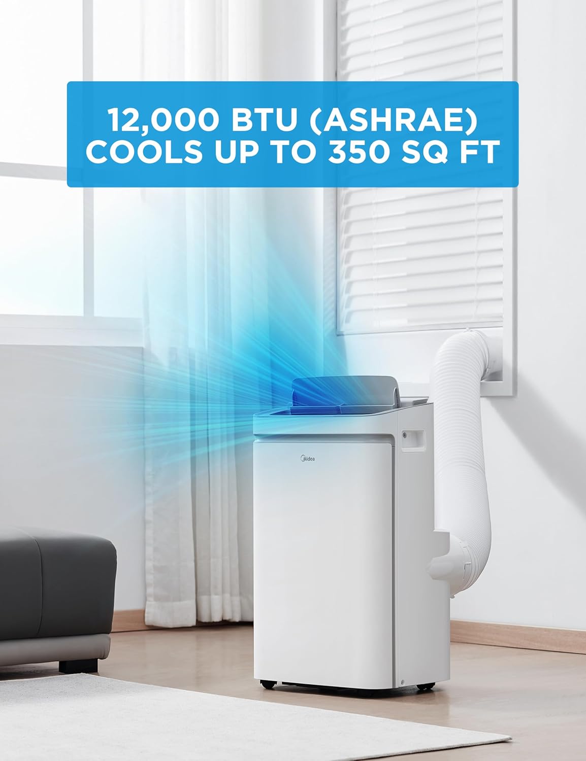 Midea 12,000 BTU ASHRAE (8,000 BTU SACC) Portable Air Conditioner, Cools up to 350 Sq.Ft., with Dehumidifier & Fan mode, Control with Remote, Amazon Alexa & Google Assistant, Easy-to-use and Install