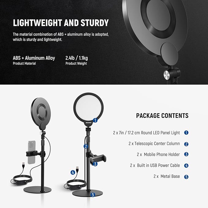 NEEWER Basics 2 Pack 7" Desk Ring Lights for Video Recording, 10W Dimmable Full Screen Key Lighting with Stands & Phone Holders for iPhone Computer Laptop Vlog Live Streaming Video Conference, R06