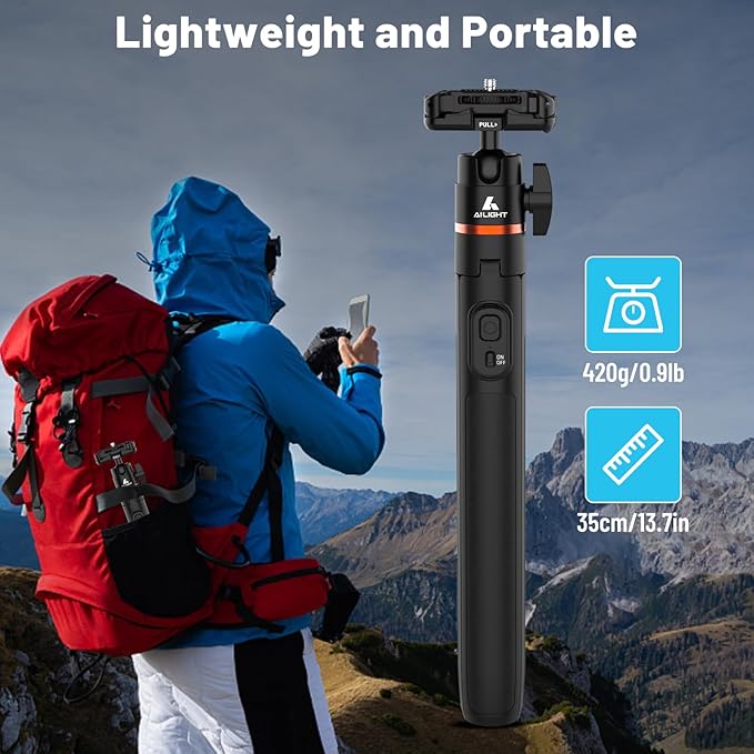 Ailight 60" Extendable Travel Tripod & Selfie Stick with Cold Shoe & Wireless Remote, 360° Ball Head for Vlogging - Lightweight Phone Tripod for iPhone