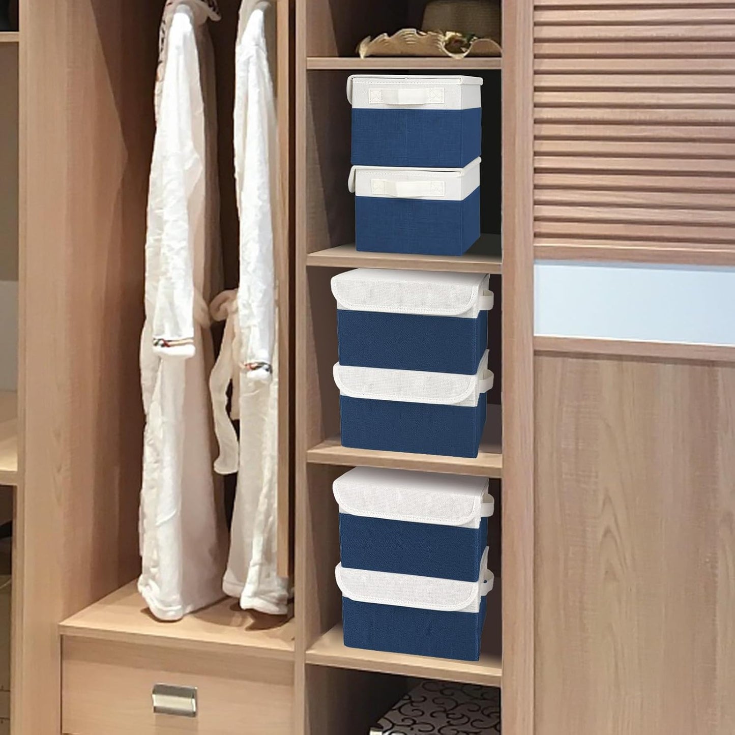 Small 8 Quart Linen Fabric Foldable Storage Bin Cube Organizer Basket with Lid & Handles, Collapsible Decorative Box Container for Home, Dorm, Closet (Navy Blue & White, 10"x8"x6", 6-Pack)